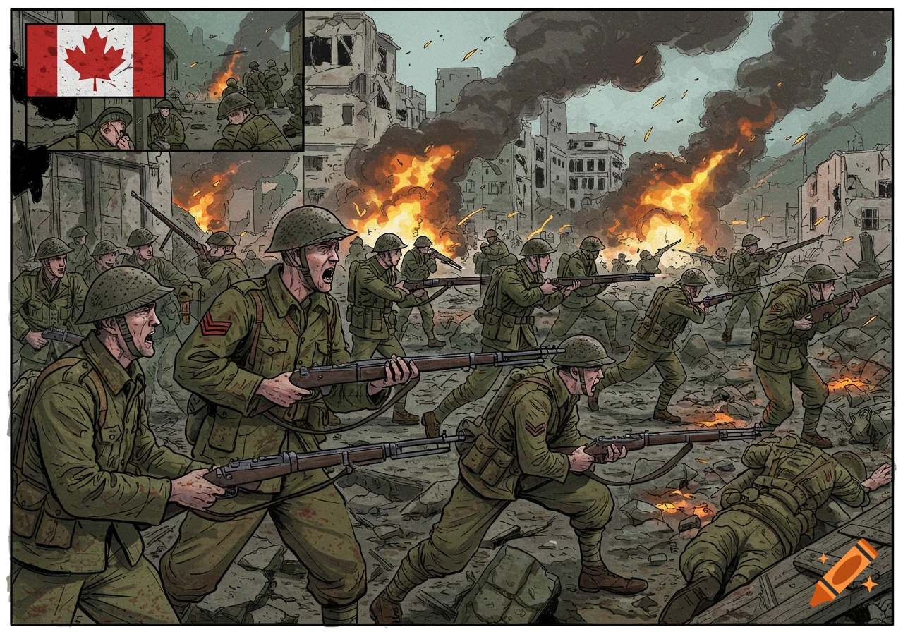 Graphic novel illustration of Canadian soldiers fighting in a bombed-out city.