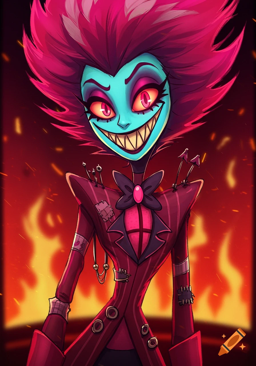 A stylized cartoon demon character from Hazbin Hotel with blue skin, pink hair, and a wide smile, wearing a red pinstripe jacket, against a background of flames.