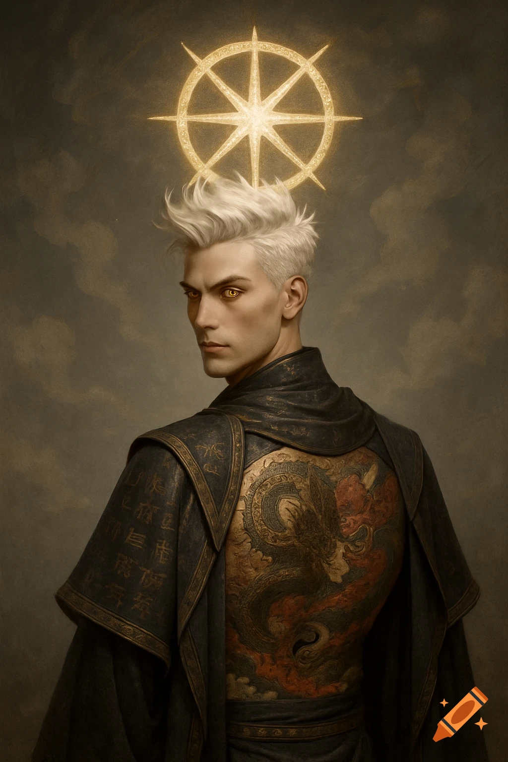 Fantasy portrait of a man with white hair and gold eyes, wearing a robe with a dragon tattoo, a glowing wheel above his head.