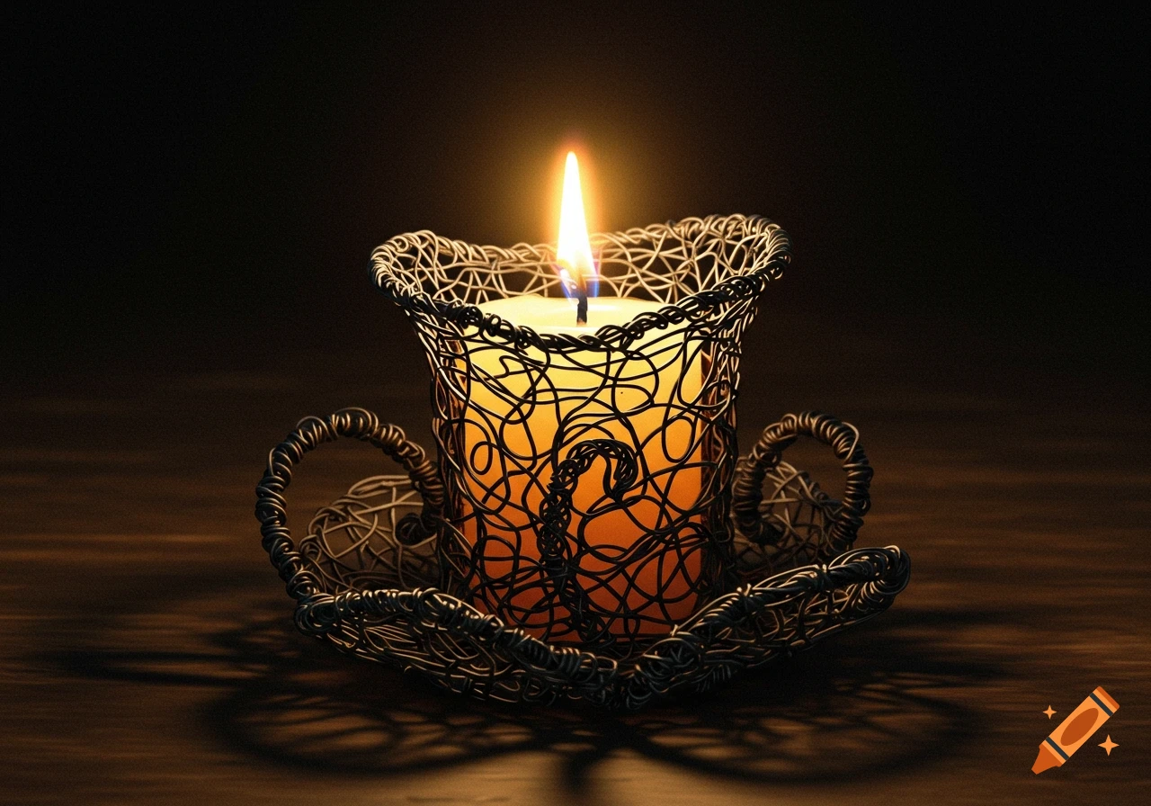 A lit candle burns within a detailed wire art holder on a dark surface.