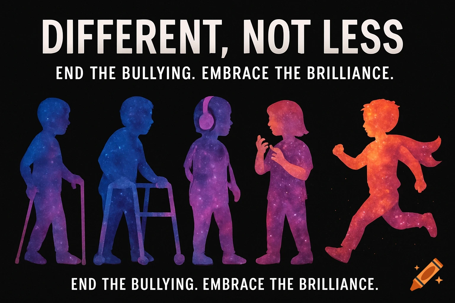 Silhouettes of diverse children filled with galaxy patterns with text "Different, Not Less" and "End the Bullying. Embrace the Brilliance."