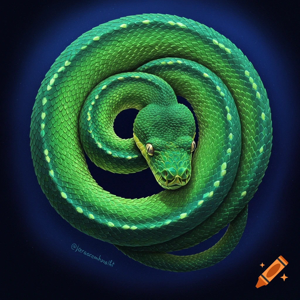 A vibrant green snake with yellow markings is coiled tightly on a dark background in an illustration.