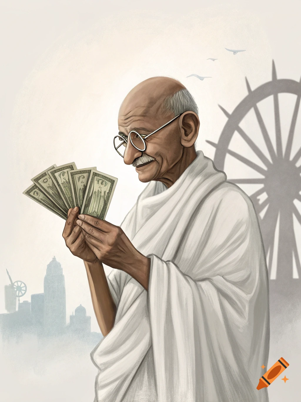 Illustration of Mahatma Gandhi looking at US dollar bills.