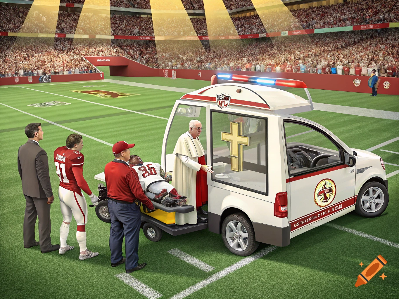 Pope standing by an ambulance carrying an injured NFL player on a football field.