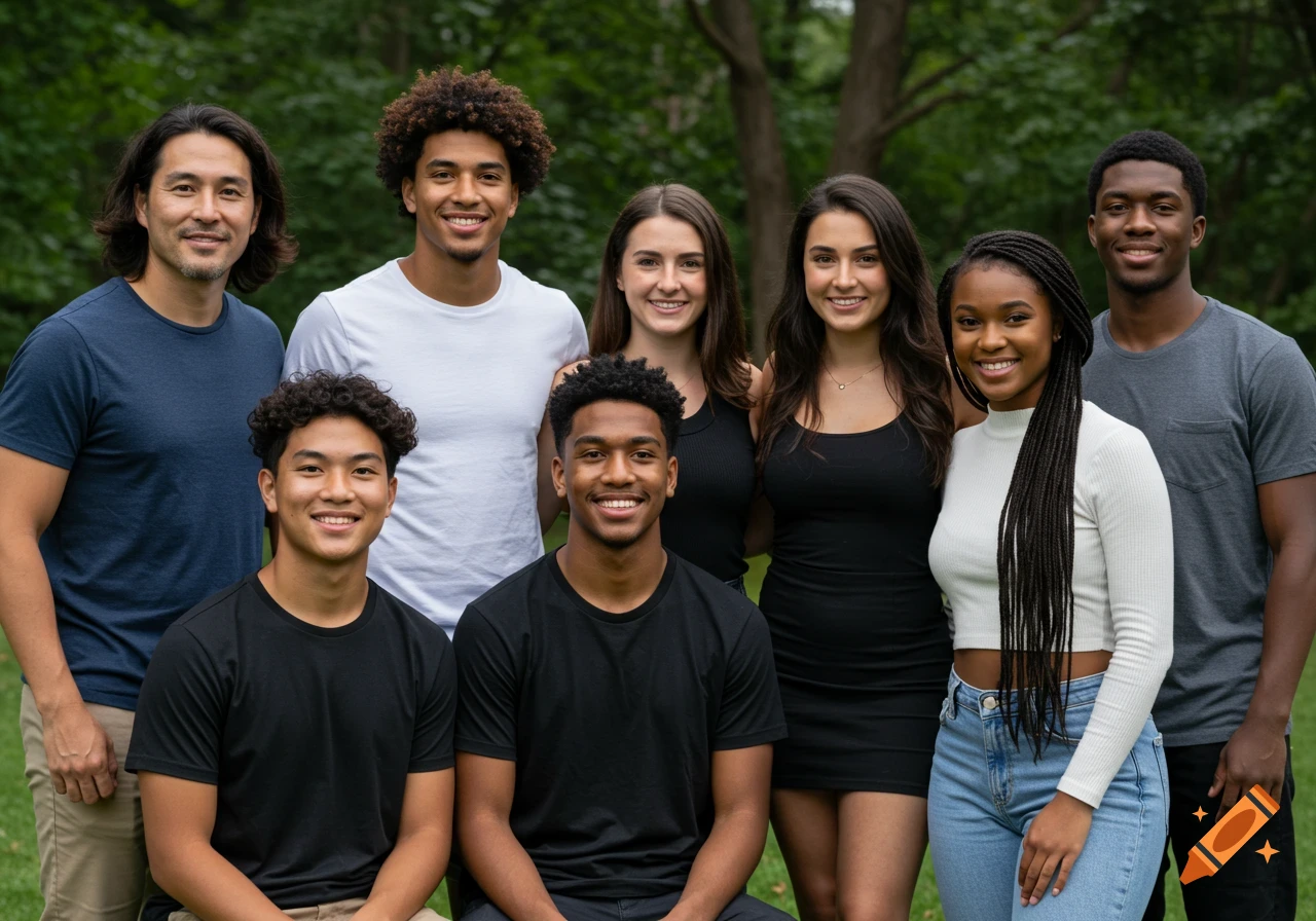A diverse group of seven young adults smiling for a photo outdoors.