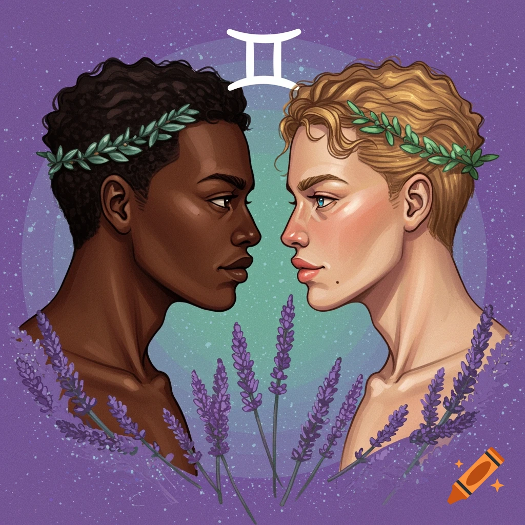 Two figures face each other under a Gemini symbol with lavender, digital illustration.