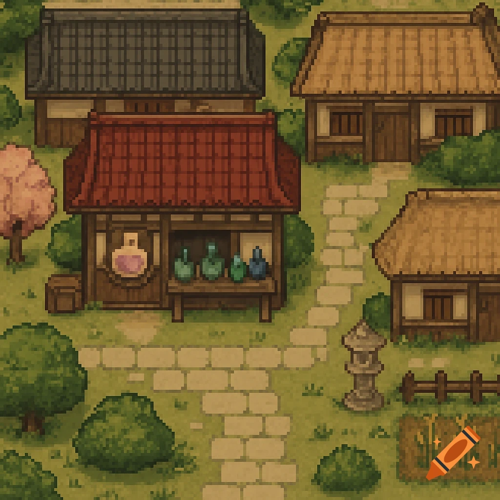 Top-down pixel art view of a Japanese village with a potion shop.