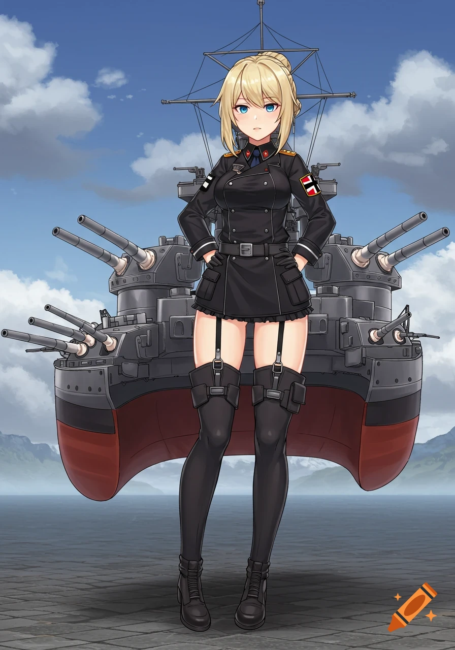 Anime girl in black military uniform stands before a battleship.