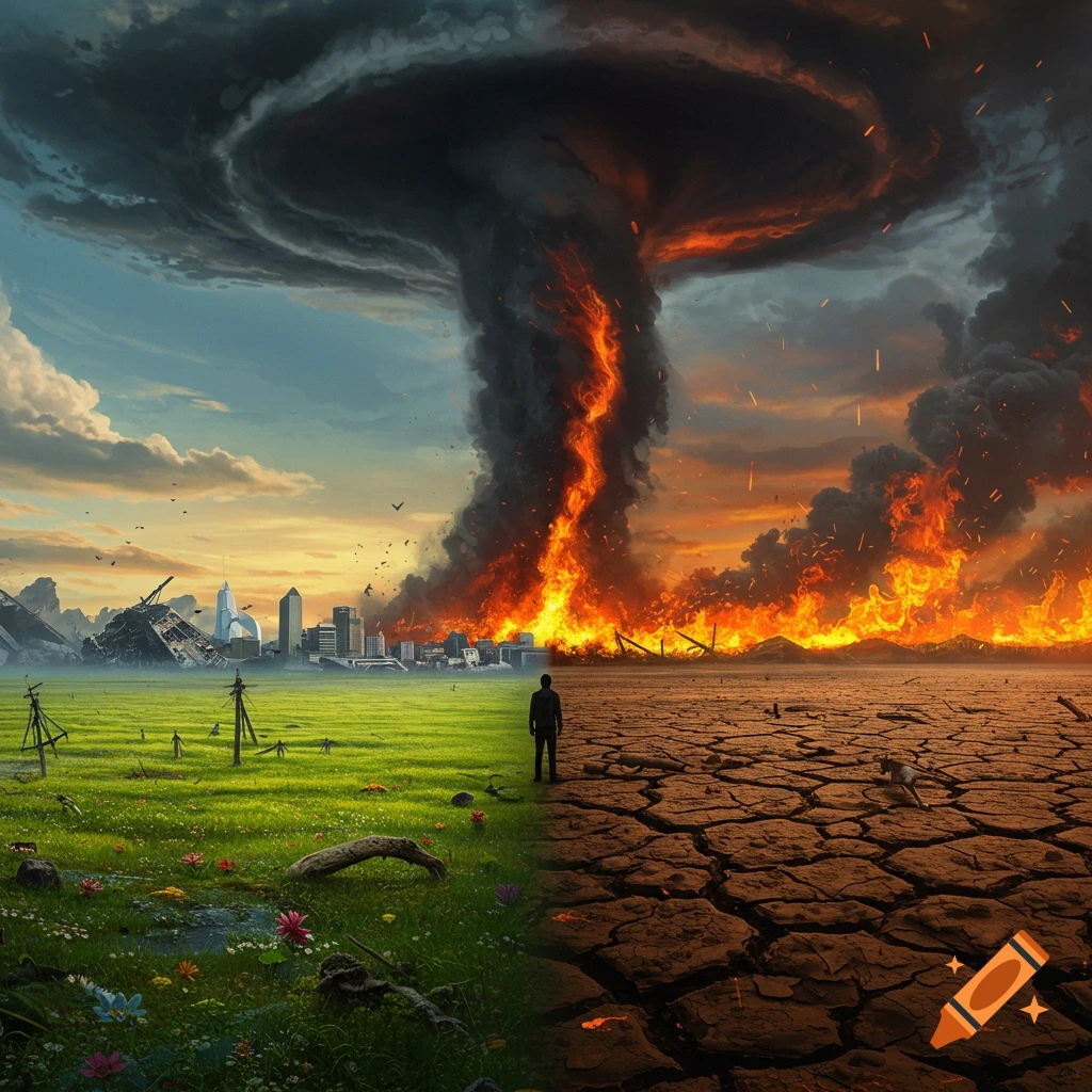 A landscape split between lush green life and dry fiery destruction under a dark, fiery tornado.
