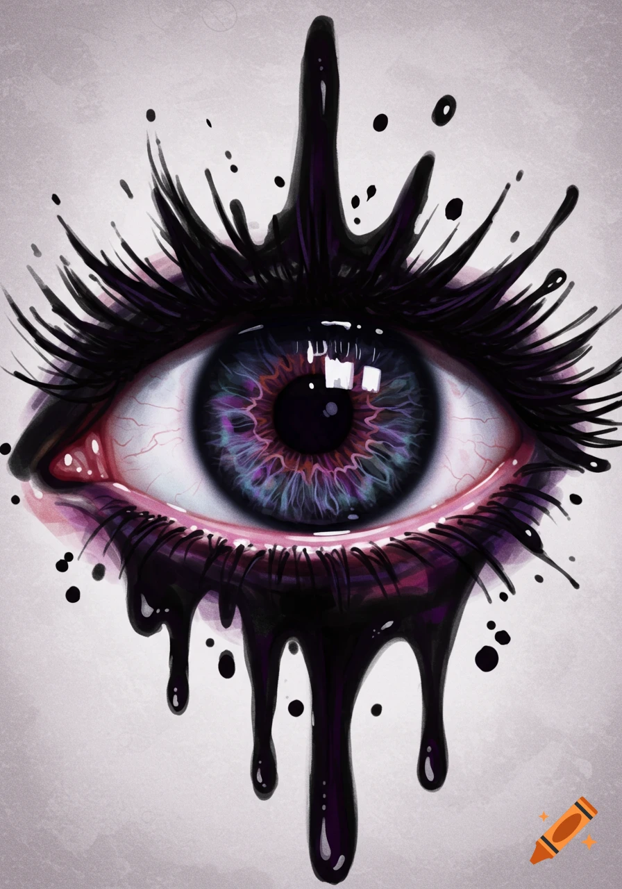 A stylized illustration of an eye with a colorful iris, dripping black ink.