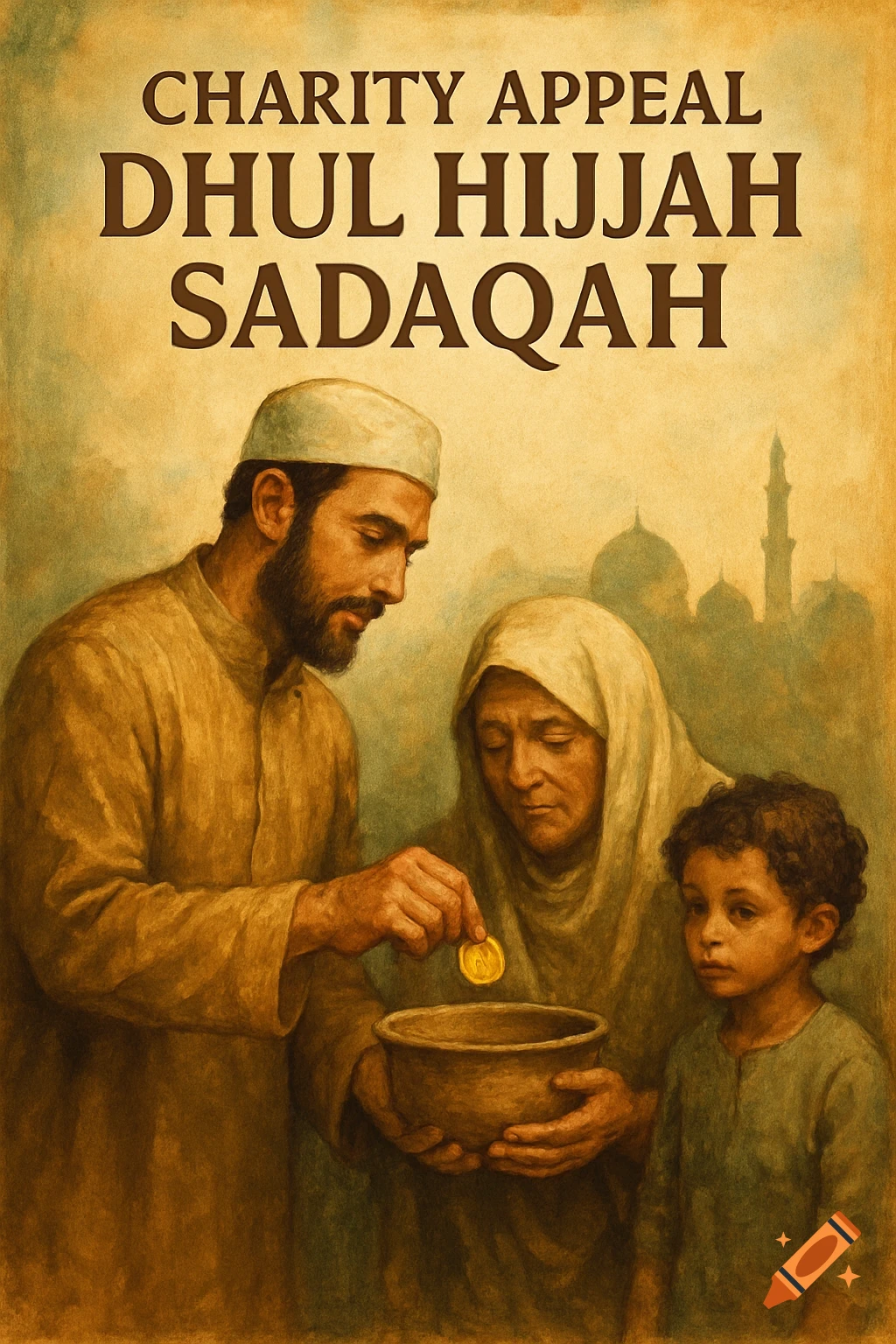 A man drops a coin into a bowl held by a woman, with a child nearby, text reads CHARITY APPEAL DHUL HIJJAH SADAQAH. Painterly style.