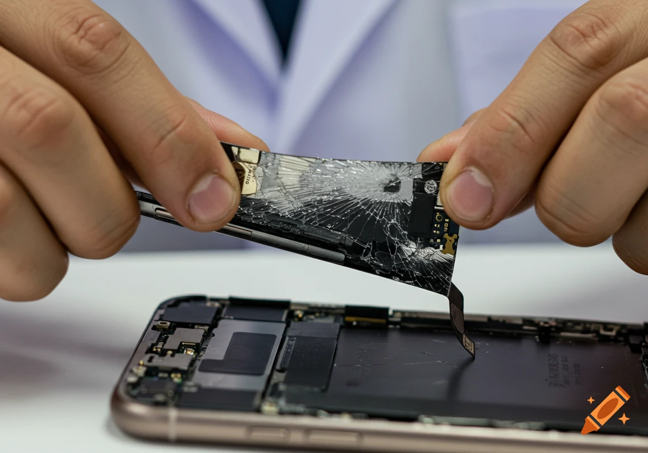 Close-up of hands lifting a broken screen from a dismantled smartphone, showing internal components.