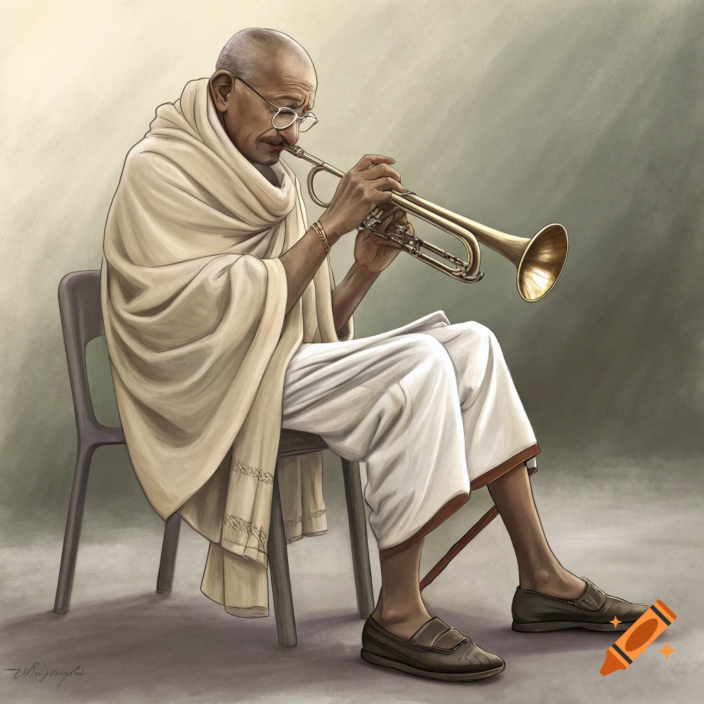 Illustration of Gandhi sitting and playing a trumpet.
