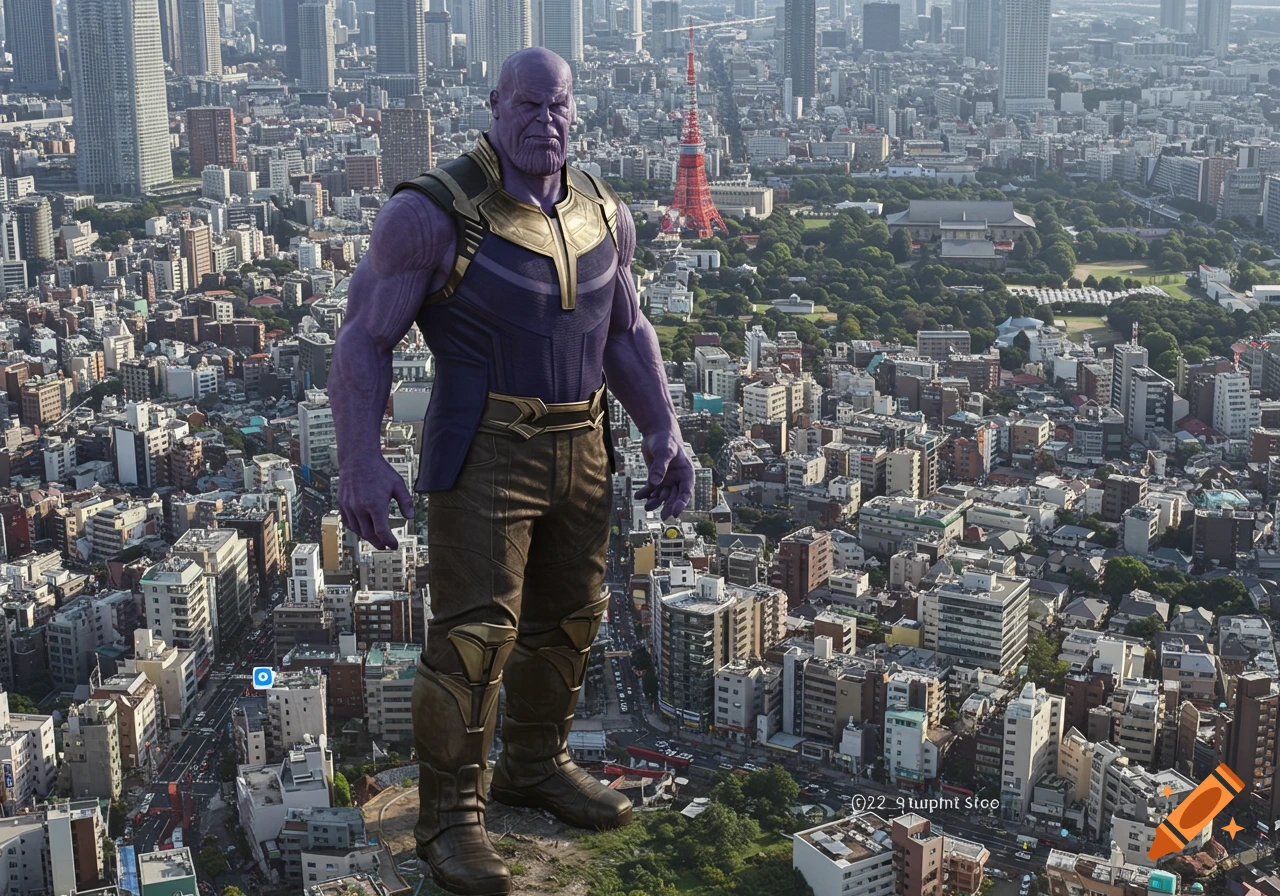 Thanos stands over a sprawling city, with the Tokyo Tower visible in the distance.