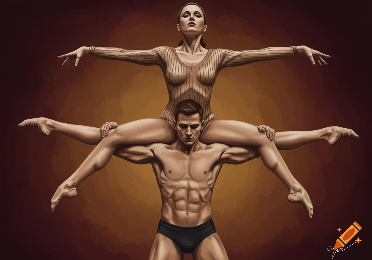 Painterly image of male acrobat holding female acrobat on shoulders in split pose with outstretched arms.