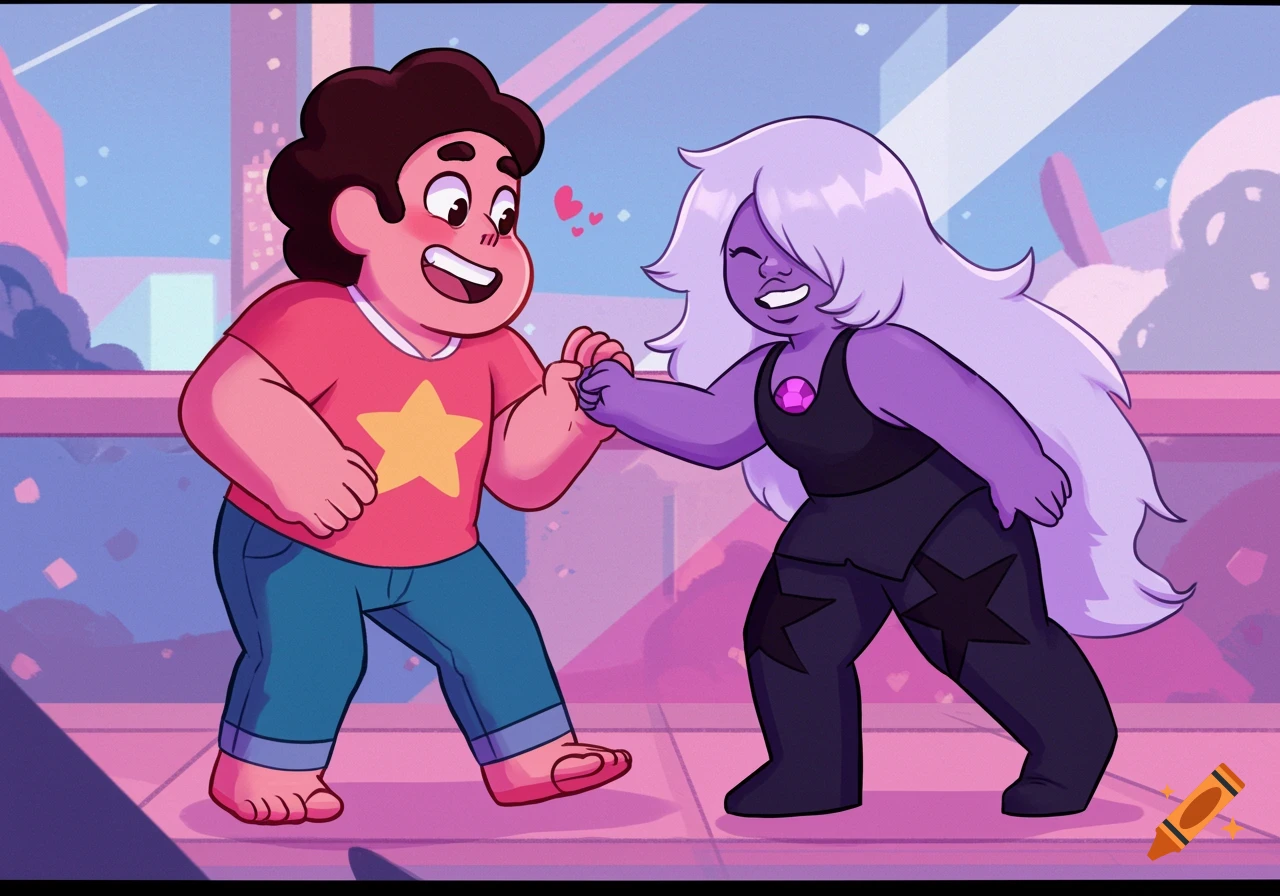 Steven and Amethyst holding hands and smiling in a city background, cartoon style.