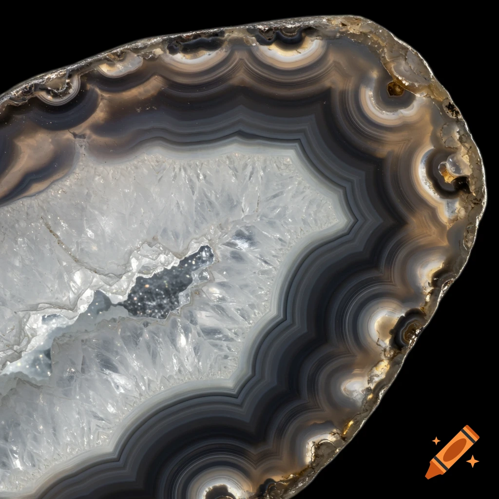 A close-up view of a clear agate slice showing concentric bands and a crystalline center.