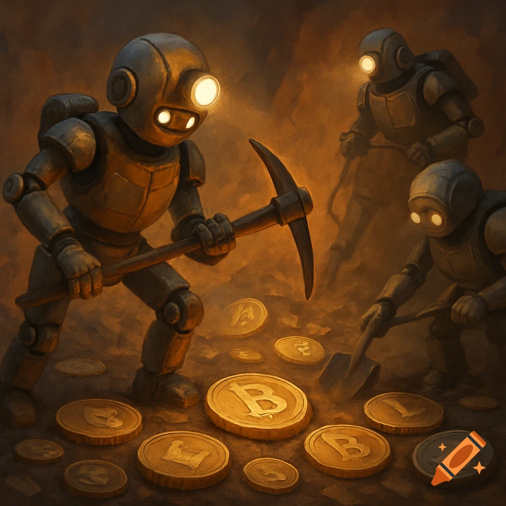 Robots mining golden crypto coins in a dark cave