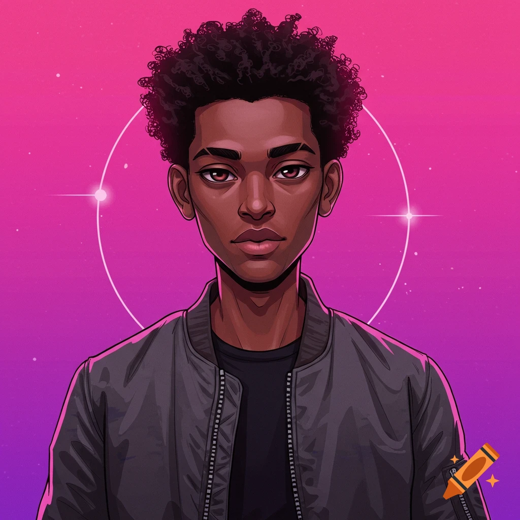Stylized portrait illustration of a young black man in a bomber jacket against a pink and purple space background with stars.