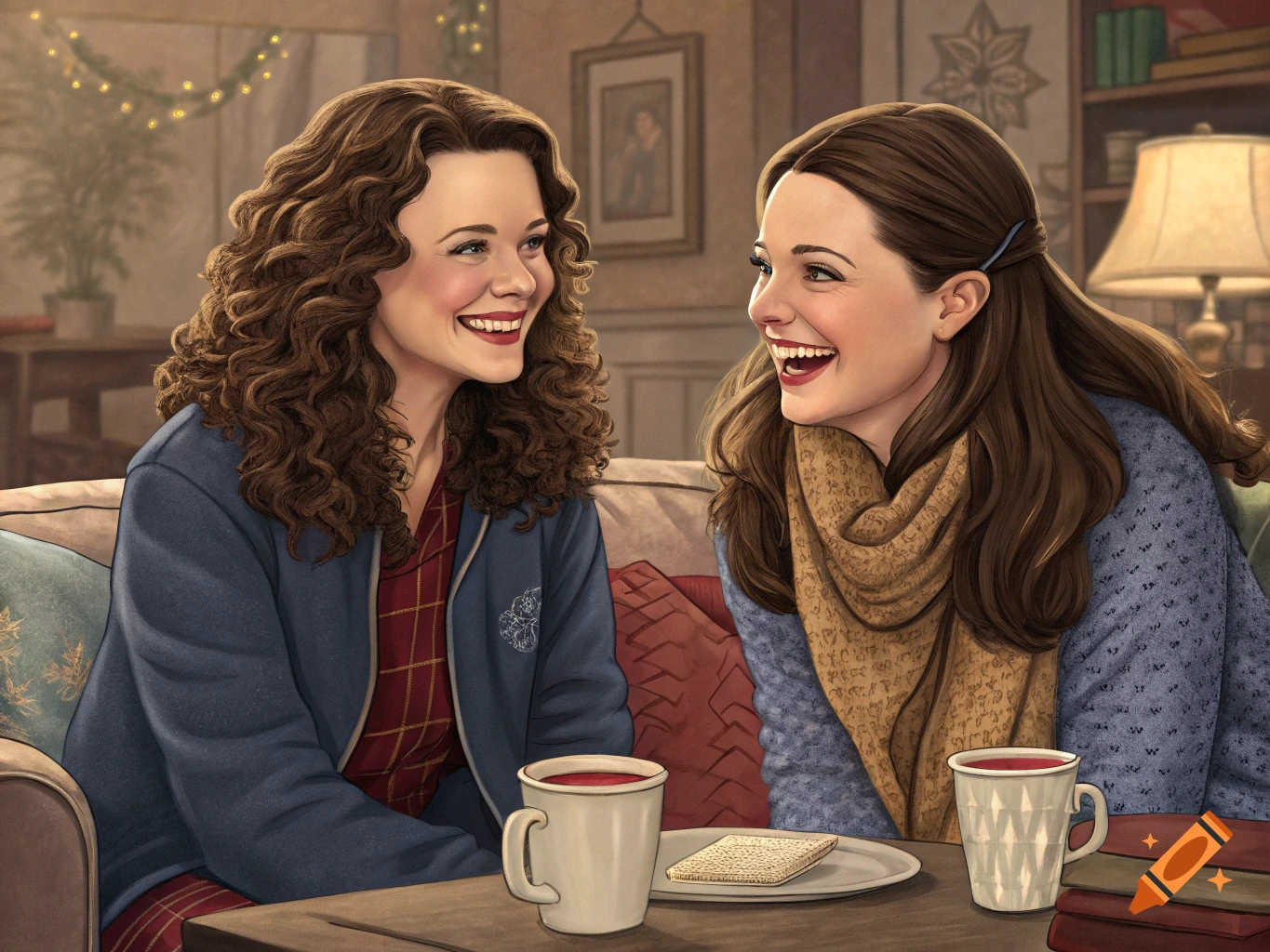 Detailed illustration of two smiling women talking on a couch with tea and a cracker.