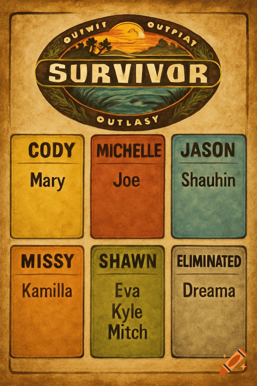 A Survivor-themed poster showing a logo and player names in colored boxes.