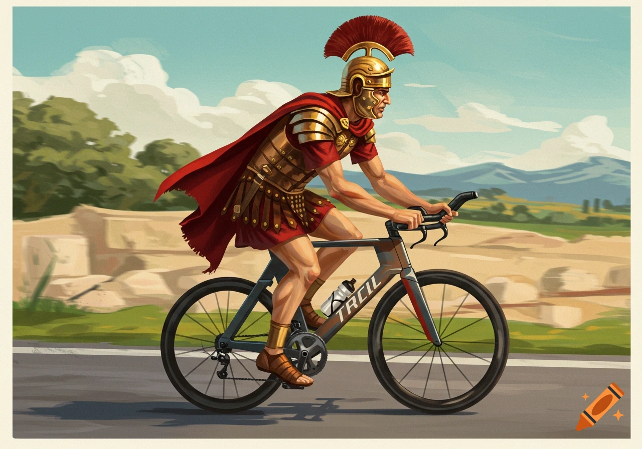 Illustration of a Roman centurion riding a race bicycle.