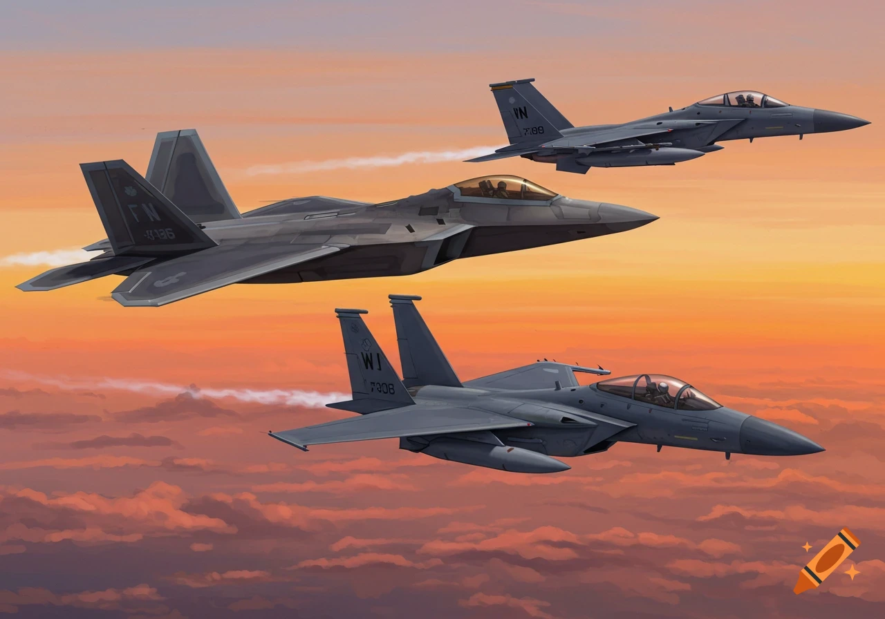 Three fighter jets fly through a vibrant sunset sky.