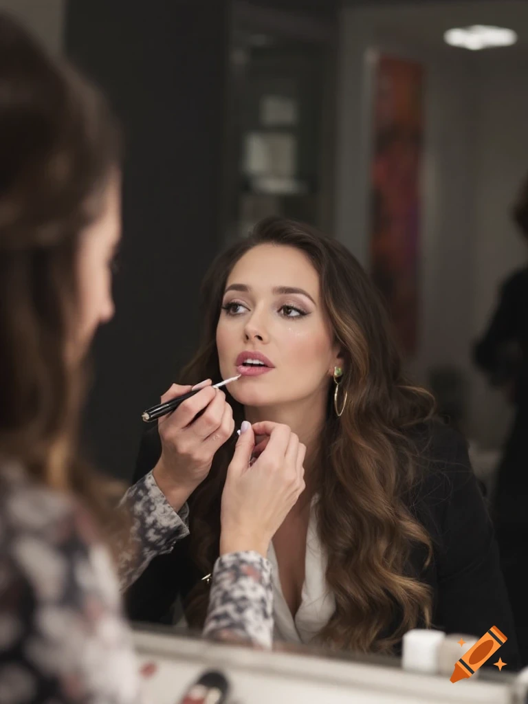 Woman applying lip gloss while looking in a mirror.