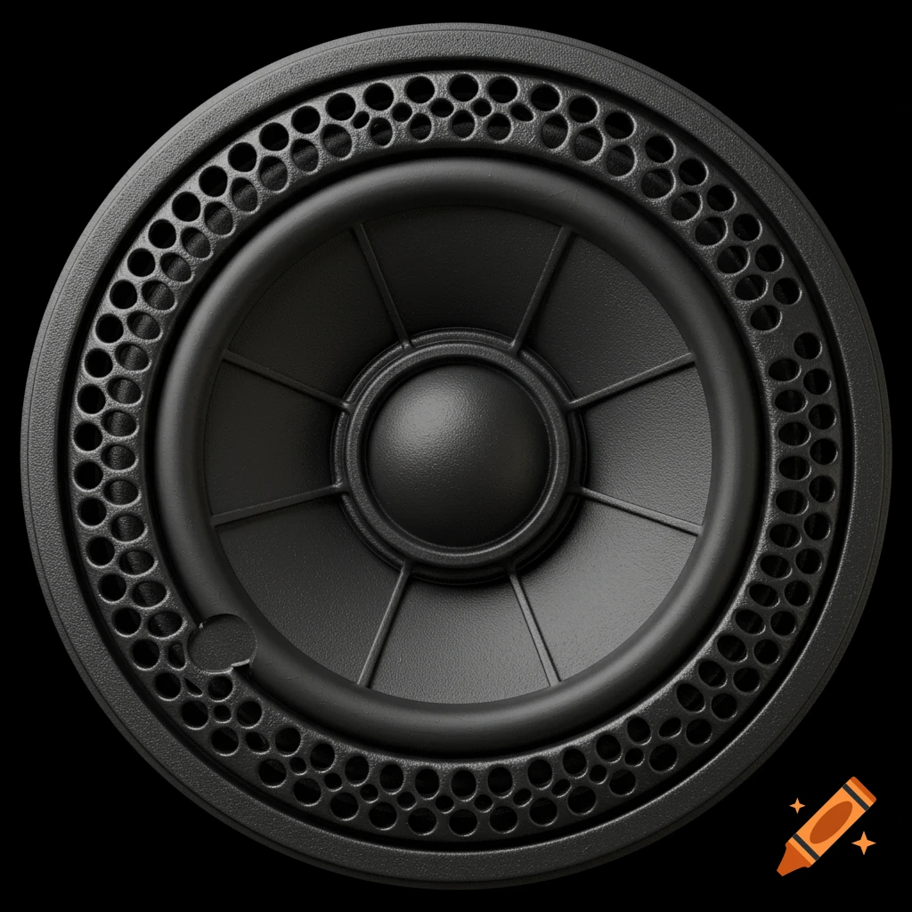 Close-up, top-down view of a black speaker with a textured cone and perforated grill.