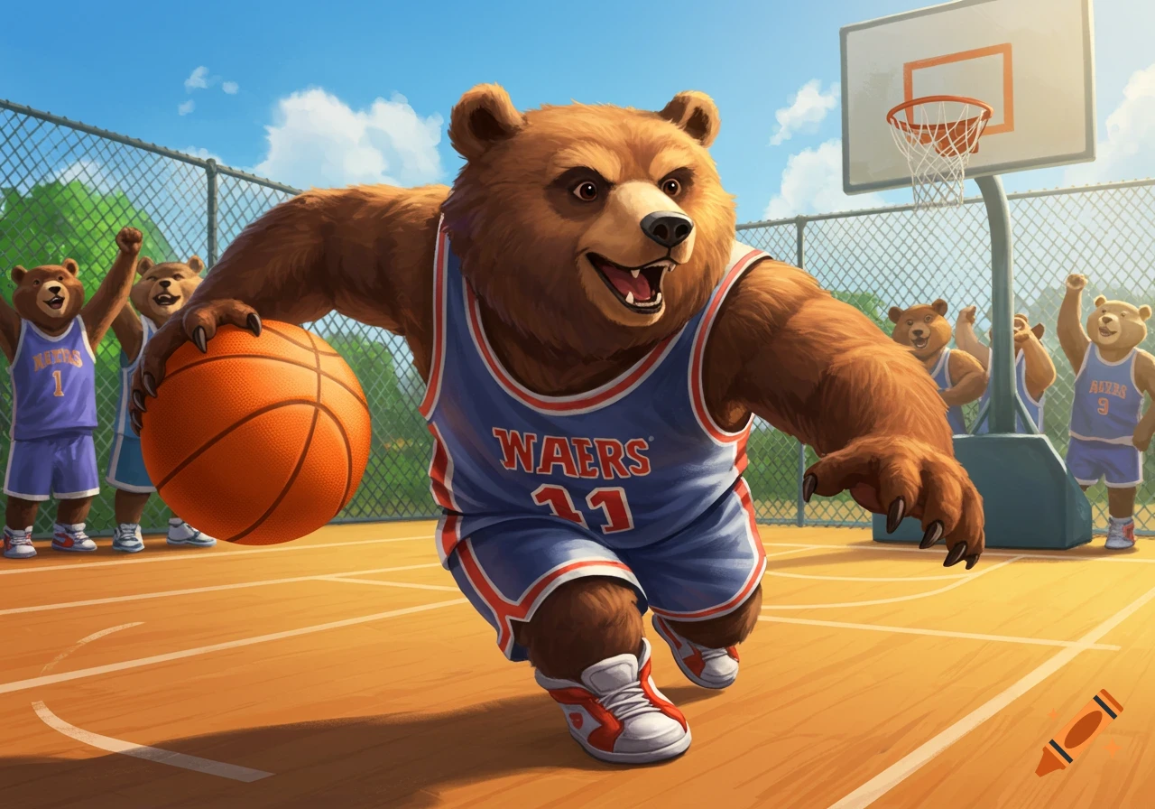 Cartoon bears playing basketball on an outdoor court.