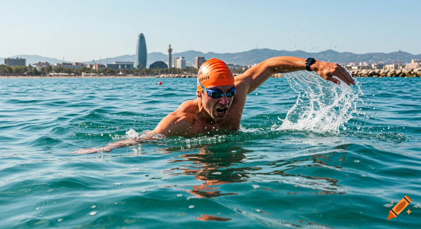 A man swims in the sea with a city skyline in the background. Photorealistic style.