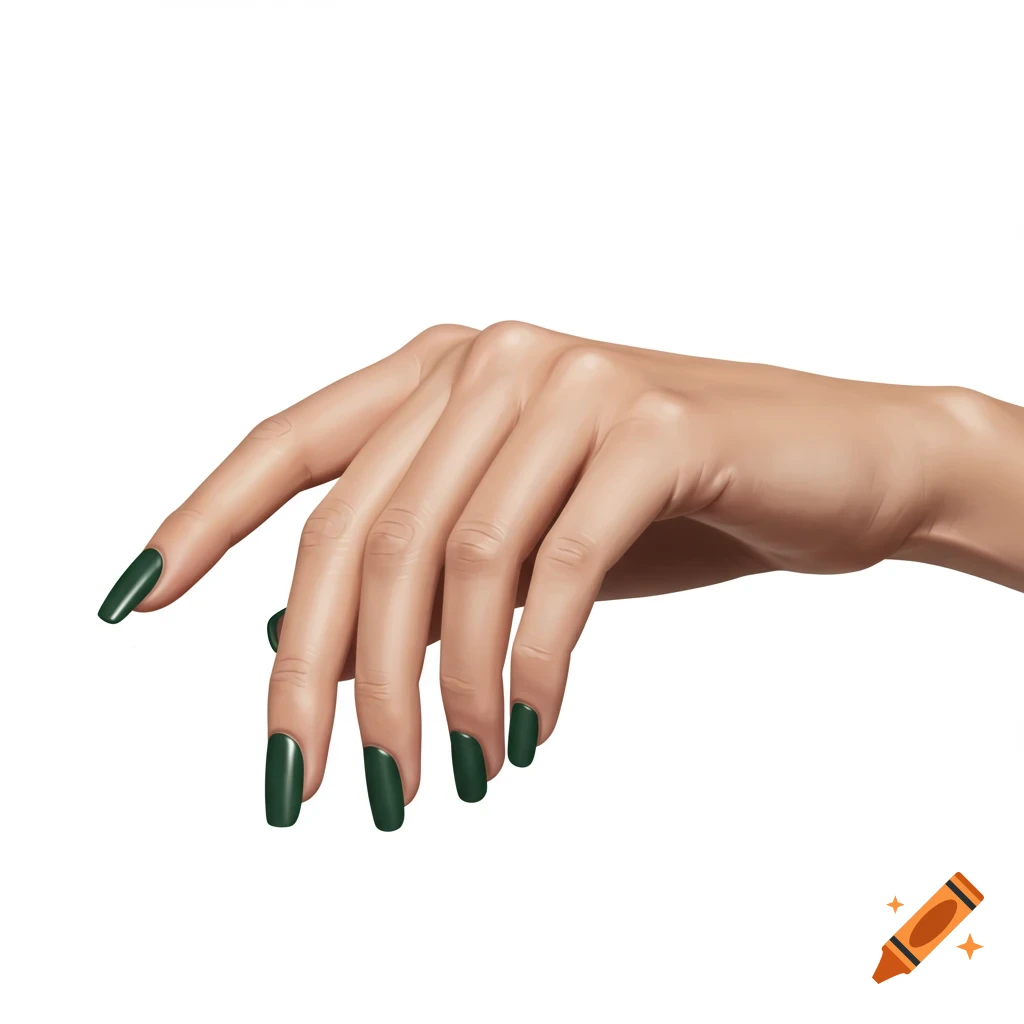 A realistic close-up of a hand with long, dark green manicured nails against a white background.