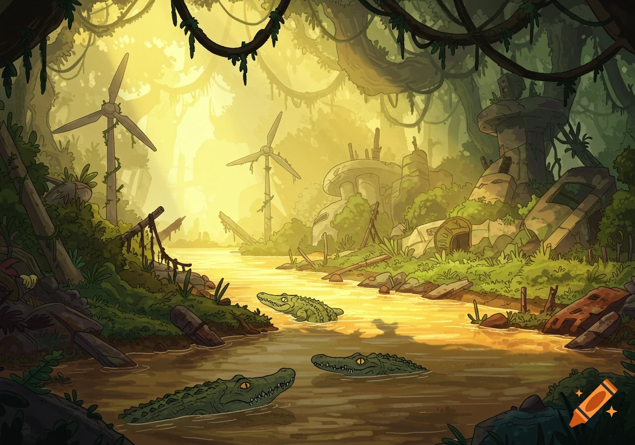 Cartoon illustration of crocodiles in a muddy river in a jungle with ancient ruins and overgrown wind turbines.