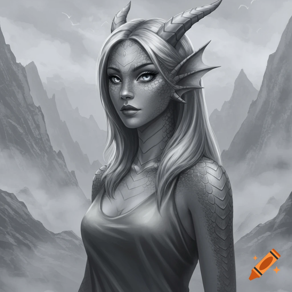 Grayscale portrait of a dragon girl with horns and scales, set against a backdrop of misty mountains.