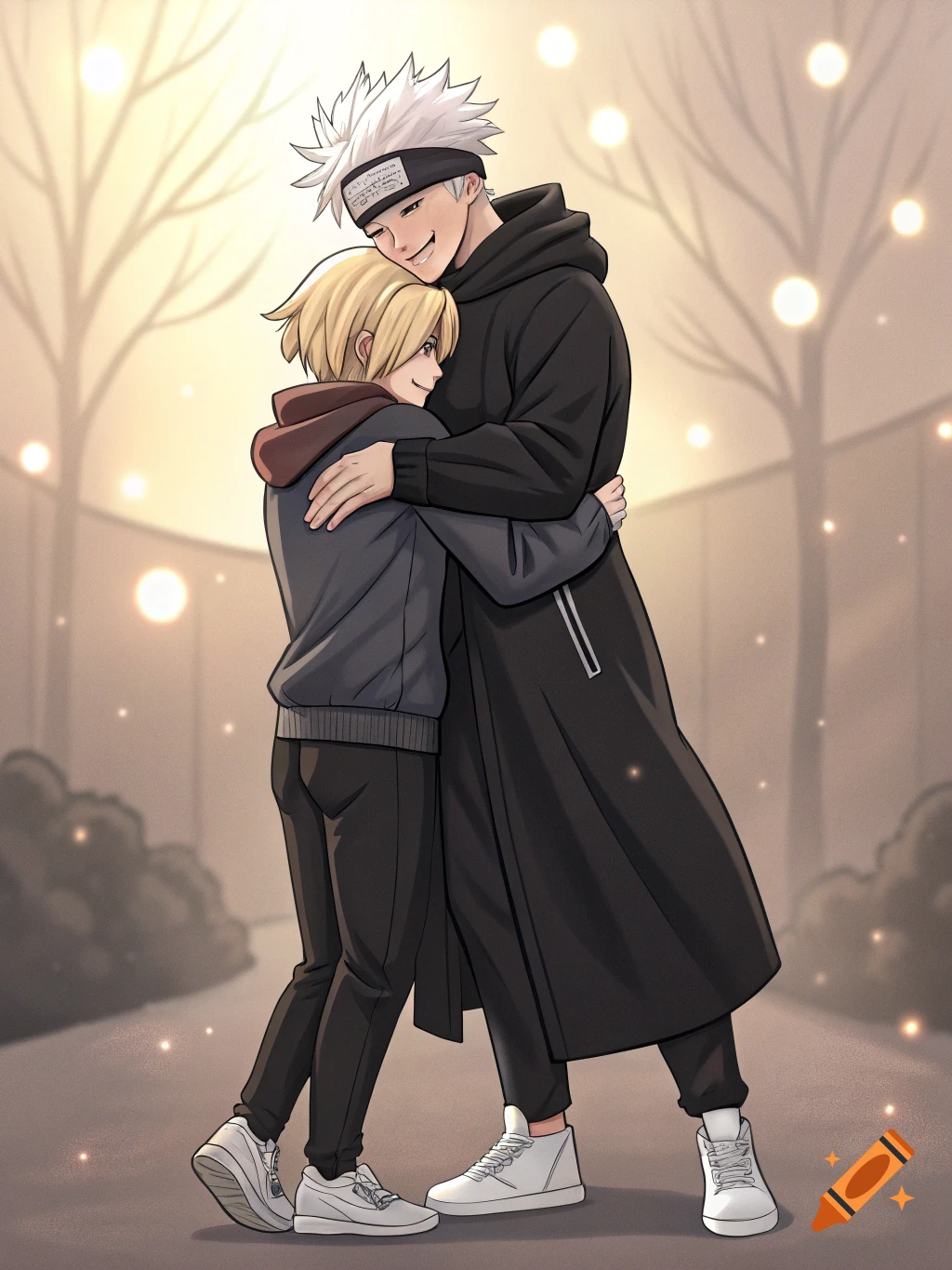 Anime illustration of two characters hugging in a warm outdoor setting with soft lighting.