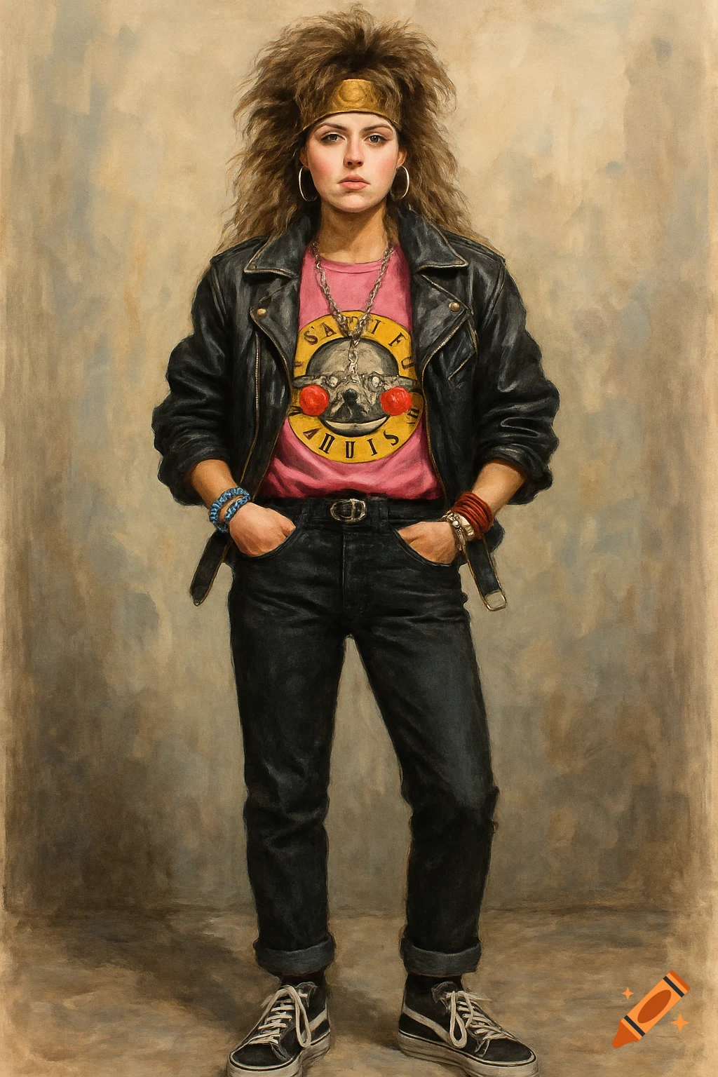 Woman in 80s rock outfit: big hair, leather jacket, pink band tee, black jeans, high-top Vans sneakers. Painting style.