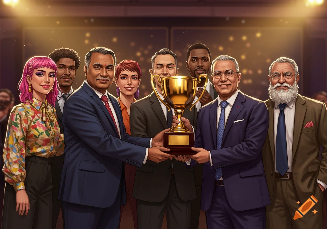 Diverse group of people holding a gold trophy at an awards event.