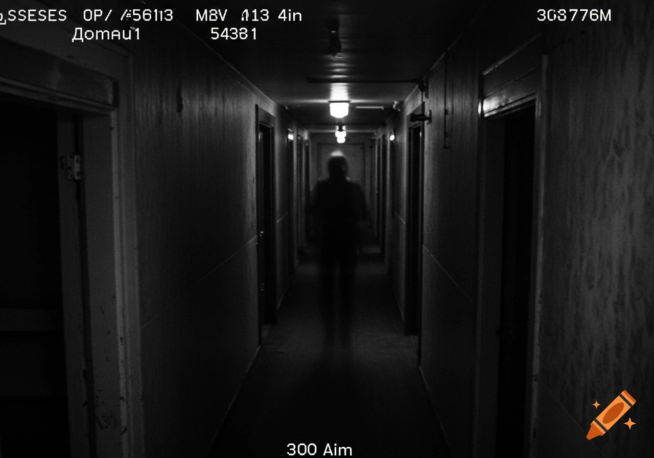 Dark, grainy CCTV footage of a blurry figure in a hallway.