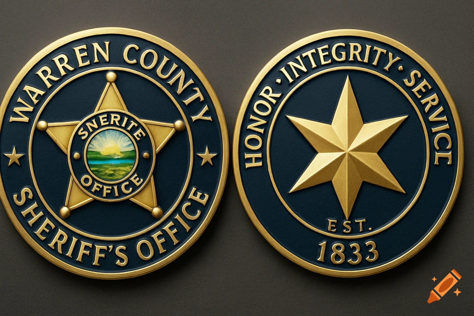 Two gold and blue challenge coins or badges with text