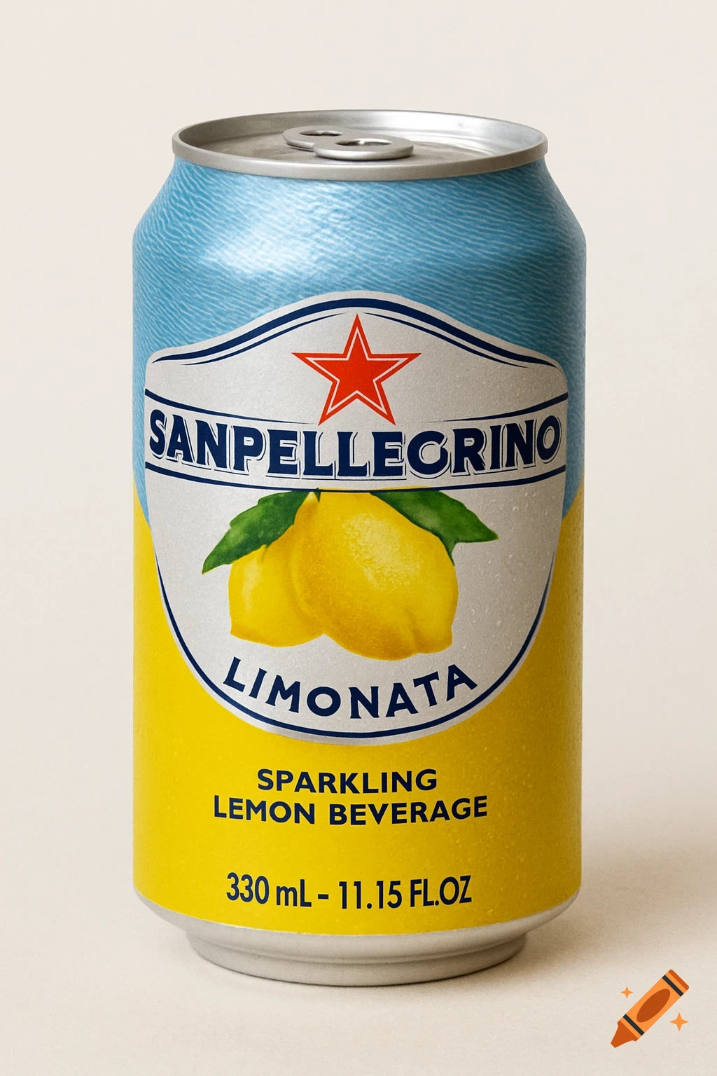 A photorealistic close-up of a Sanpellegrino Limonata can with a blue and yellow label.