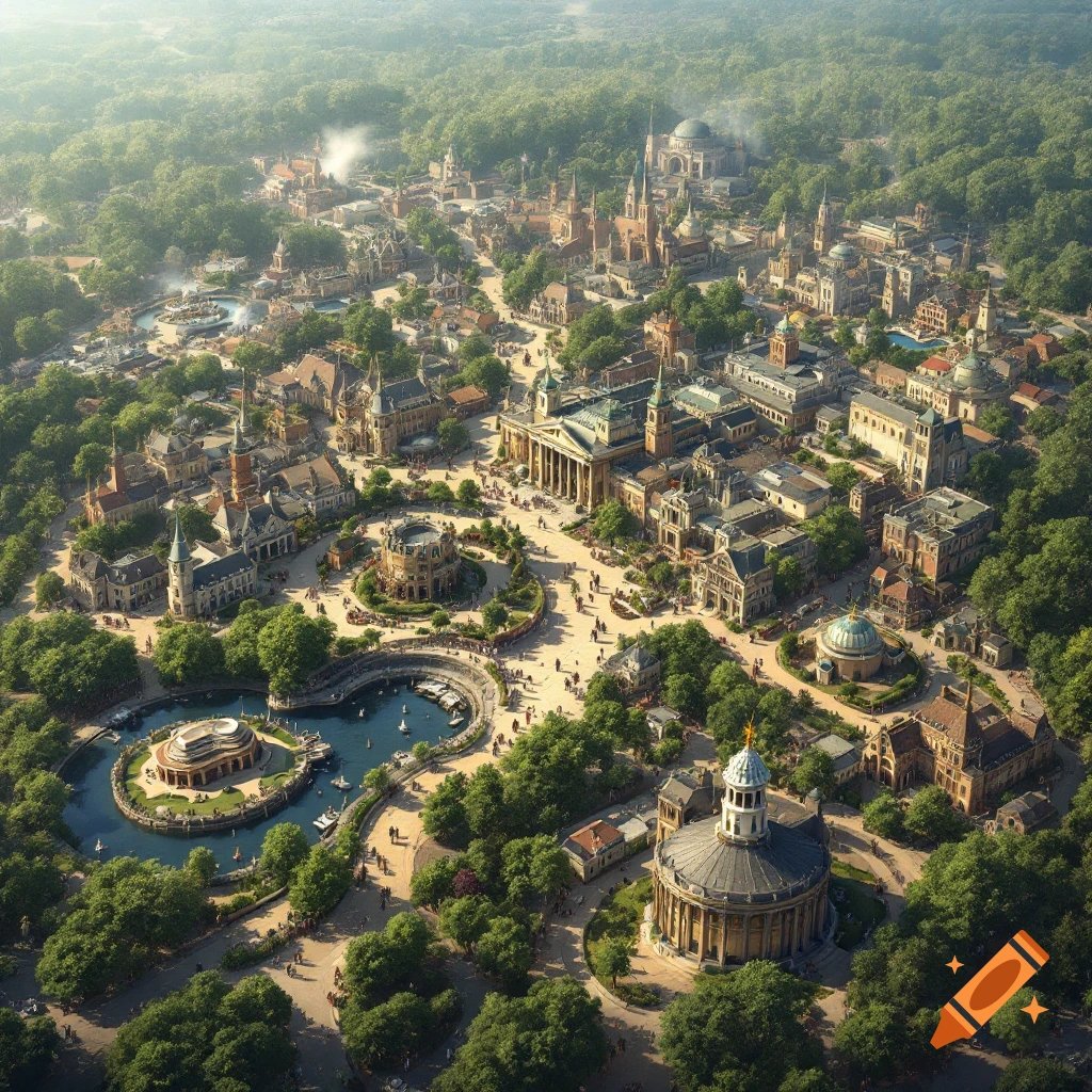 Aerial view of a detailed historical theme park with grand buildings, trees, and water.