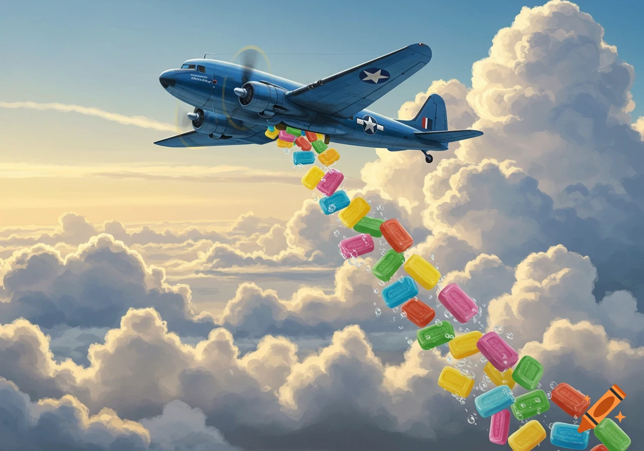 Illustration of a blue airplane dropping colorful soap bars from the sky through clouds.