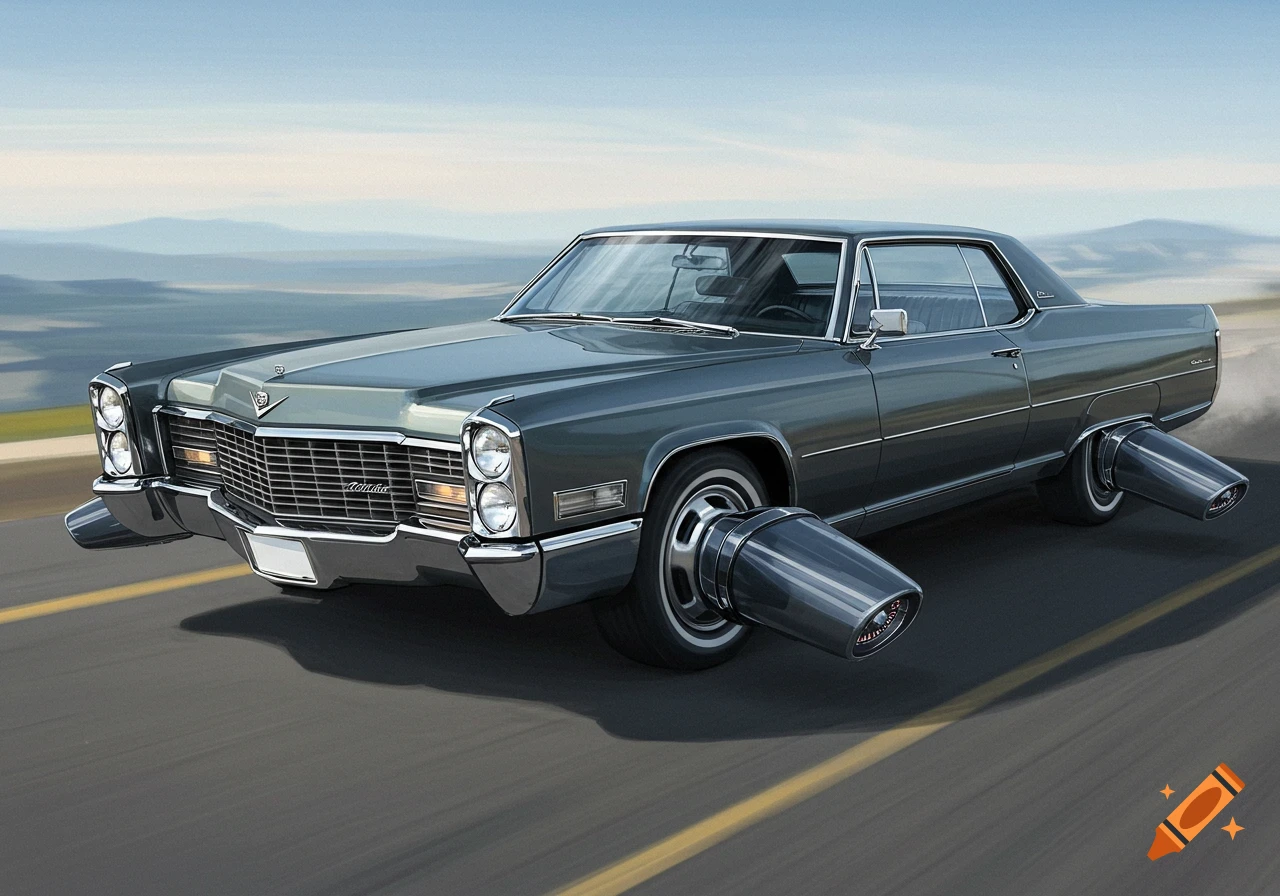 A grey 1967 Cadillac Eldorado flying low over a road.