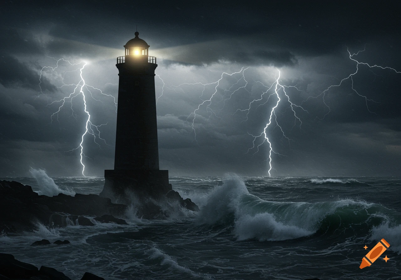 Silhouette of a lighthouse on rocks during a storm with lightning strikes and waves.