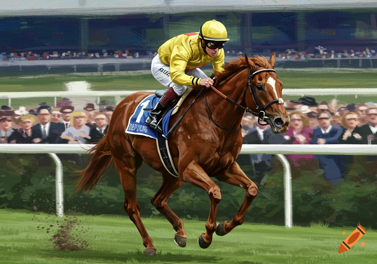 A jockey on a racehorse during a race, in a painterly style.