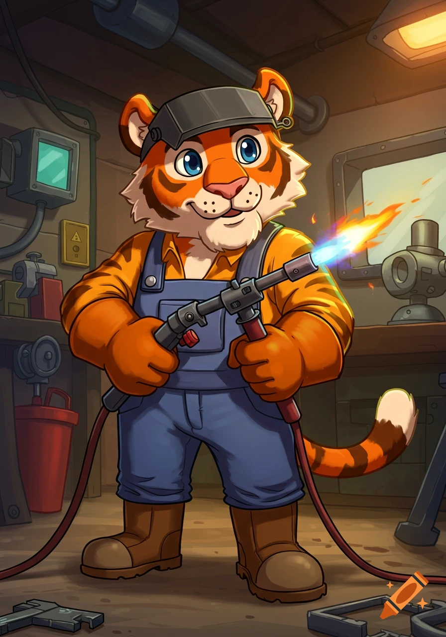 Cartoon furry tiger character welding in a workshop.