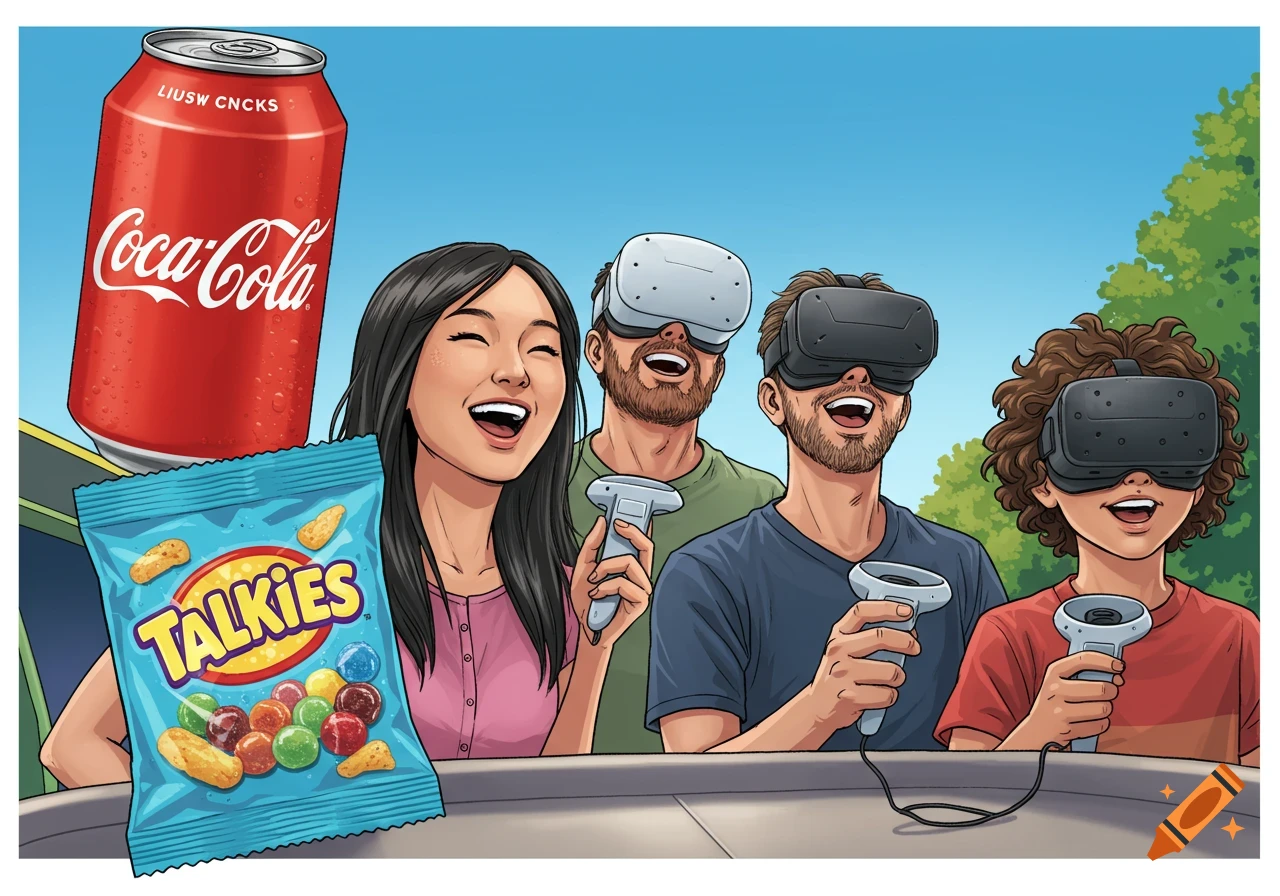 Illustration of four people laughing while playing VR games with a large soda and snack bag.
