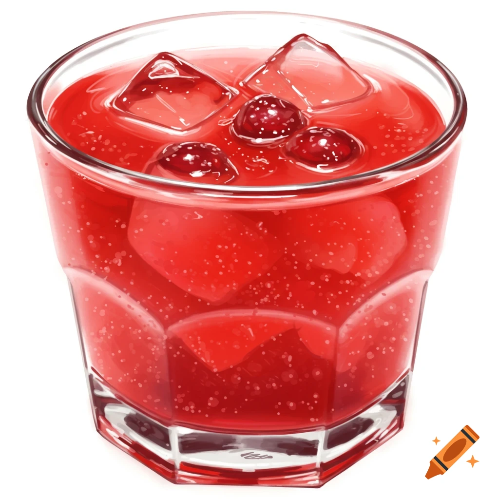 Illustration of a red drink with ice and berries in a glass