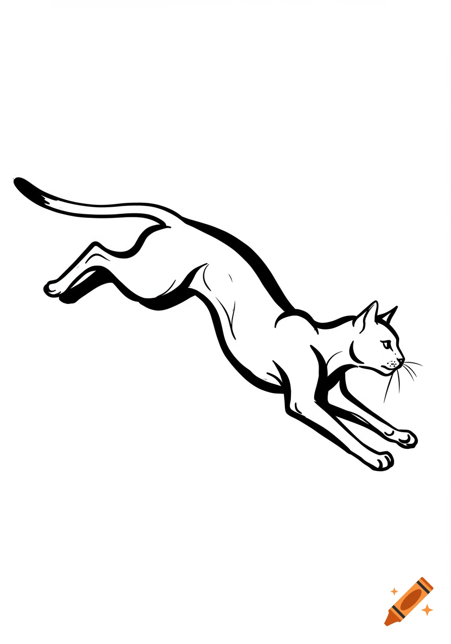 Line drawing of a cat running in mid-air.