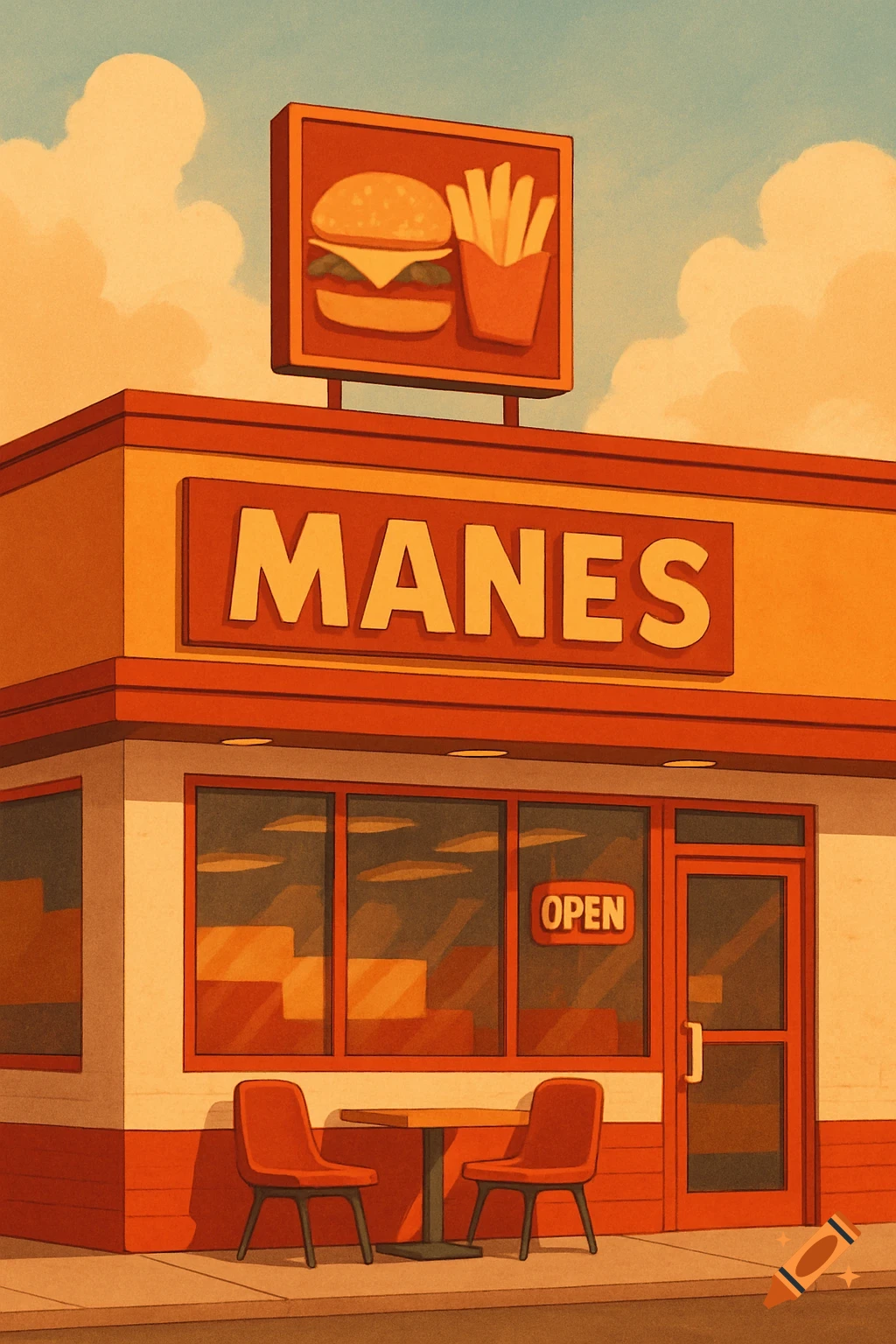 An illustration of a fast food restaurant called MANES, with a burger and fries sign and an OPEN sign.